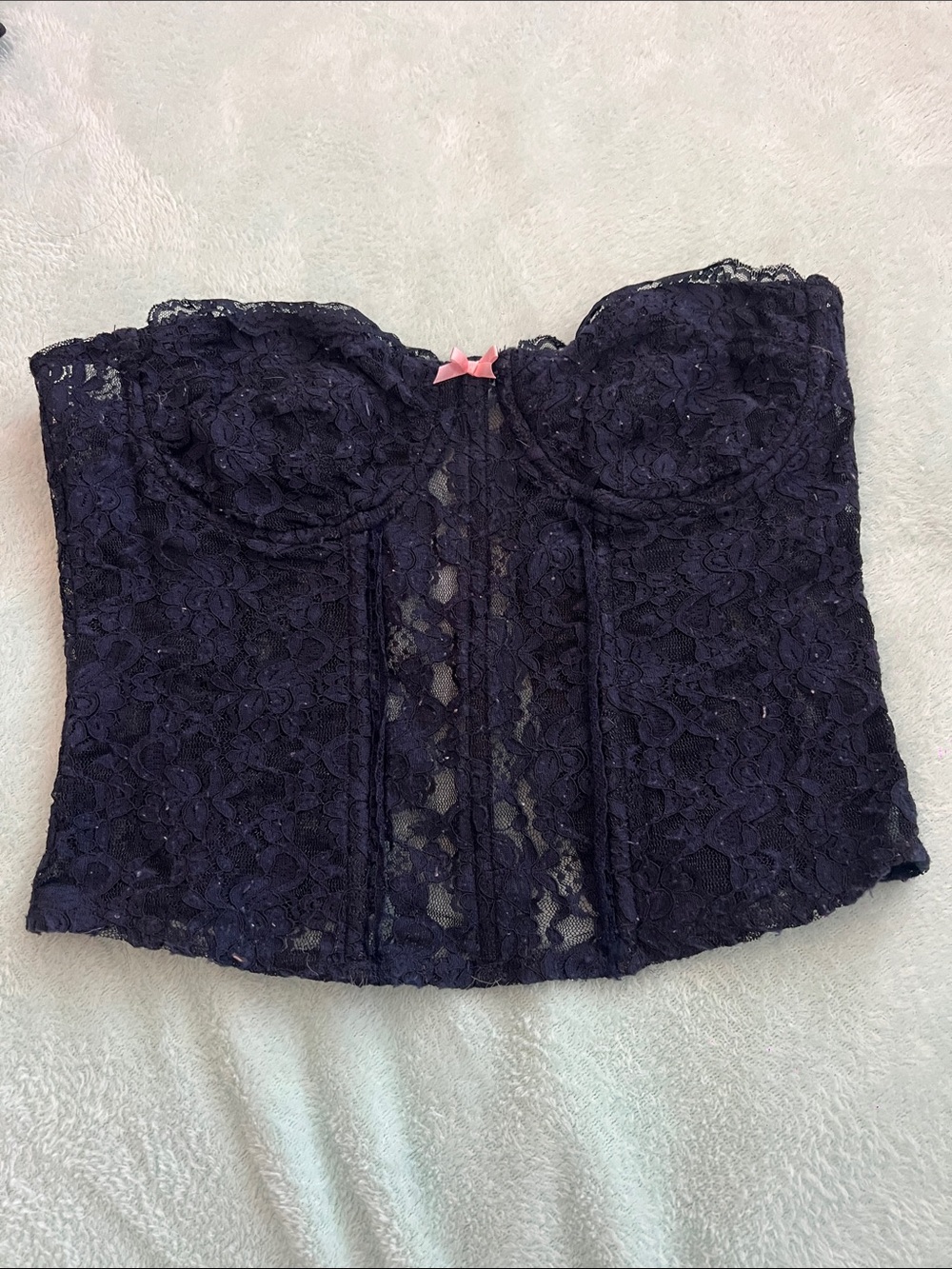 Fashion Nova Navy Lace Bustier Bandeau with Pink Accent